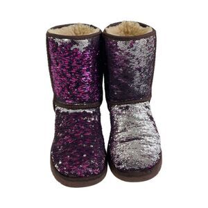 UGG Boots Size 7 Stellar Sequin Reversible Purple Silver Short Classic
